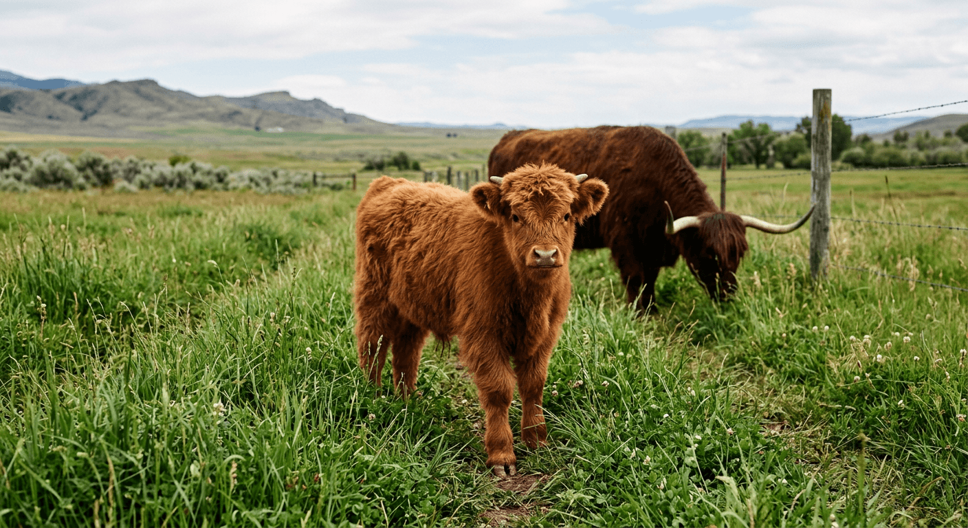 Red Highland bull calf standing in tall green pasture beside ranch fencing