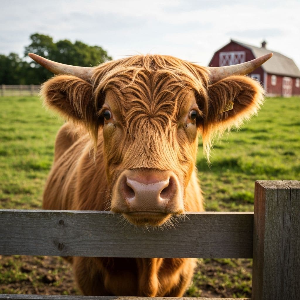 A Highland cow with ginger shaggy hair peering over a rustic wooden fence