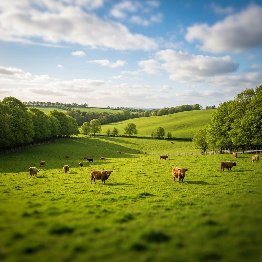 Scottish Highland cows scattered across a bright green pasture in southern Idaho