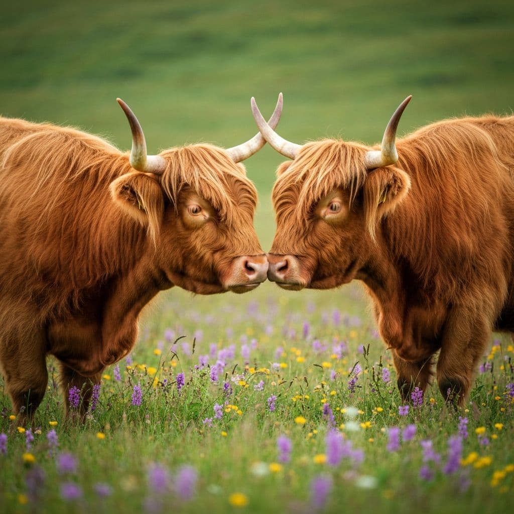 Two Highland cows nuzzling each other in a wildflower meadow