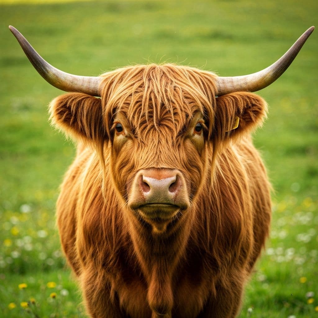 Close-up portrait of a Highland cow with shaggy ginger hair