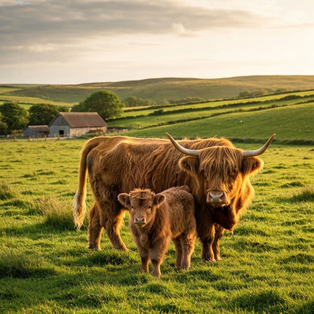 Highland cow mother with her fluffy calf