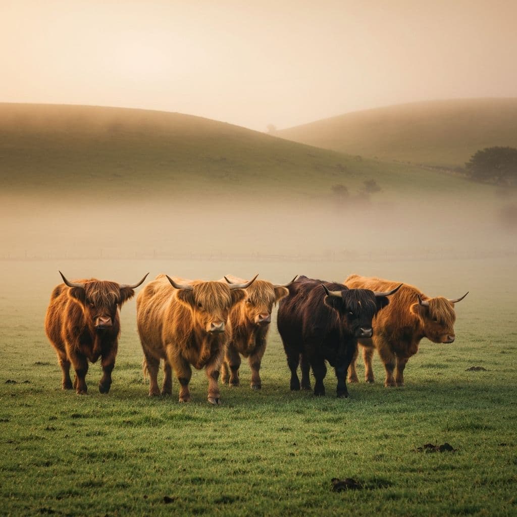 Highland herd walking through misty pasture at dawn