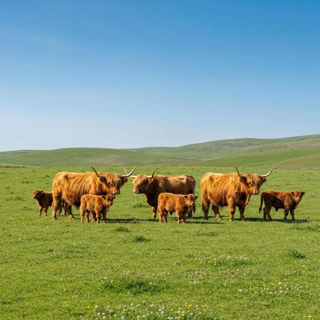 Scottish Highland cows grazing on green pastures in southern Idaho
